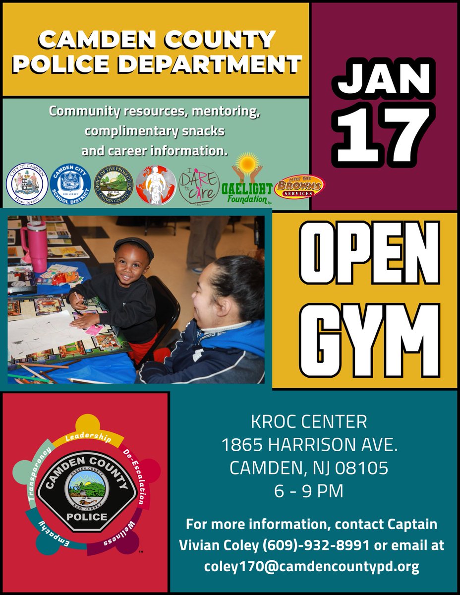 CamdenCountyPD's tweet photo. Join us this Friday for our Open Gym event at the Kroc Center. Enjoy access to resources, complimentary haircuts, food and basketball! #UnityPolicing #VillageInitiative @CamdenKroc https://t.co/zeBlCyEz1G