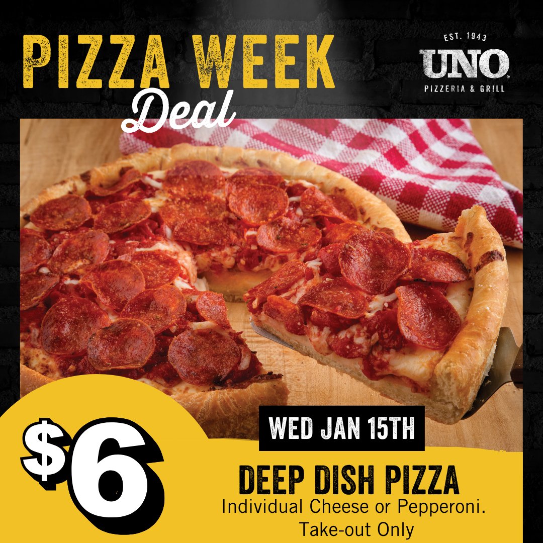 🍕How deep is your love?  Today only, grab an Individual Deep Dish Cheese or Pepperoni Pizza for just $6. Your midweek mood just went from “meh” to “mmm!” 😋

Valid for take-out at participating locations.

#DeepDishDreams #PizzaMoodElevated #UNOPizzeria