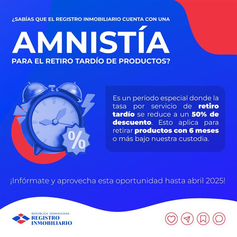 rinmobiliariord's tweet photo. El Registro Inmobiliario ofrece una amnistía especial para el retiro tardío de productos:

✔️ 50% de descuento en la tasa por servicio
✔️ Aplica para productos con más de 6 meses en nuestra custodia https://t.co/c1stPpIhsH