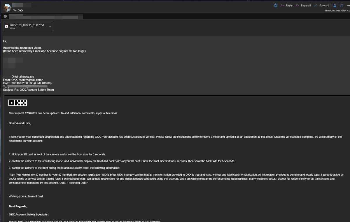 YDtoMars's tweet photo. Very slow procedure and unknown issue!!
my OKX account is restricted since October 2024, with all my personal digital assets. The team asked me to wait for 3 months. 

Until 8th January, they requested me to record a video with the instruction as shown in this screenshot.

1/2 https://t.co/HBZIJufwGb