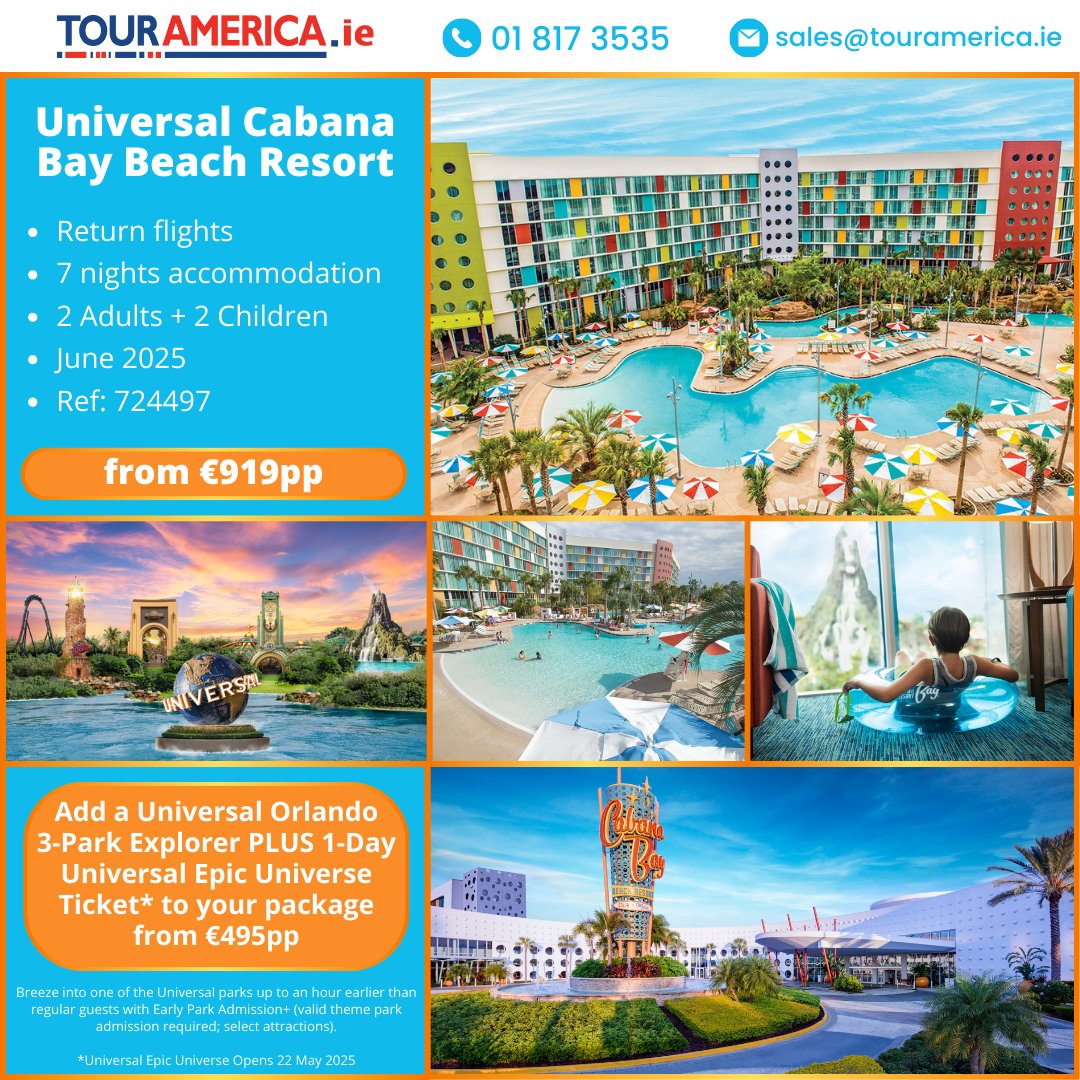Tour America (@touramericatv) on Twitter photo Cabana Bay Beach Resort at Universal Orlando Resort from €919pp!
Includes:
🌎Return flights to Orlando
🌎7 nights hotel accommodation
Based on 2+2 sharing | Travel June 2025 | Ref: 724497
Book your dream family holiday today!
📞 01 8173535 📧 sales@touramerica.ie Cabana Bay Beach Resort at Universal Orlando Resort from €919pp!
Includes:
🌎Return flights to Orlando
🌎7 nights hotel accommodation
Based on 2+2 sharing | Travel June 2025 | Ref: 724497
Book your dream family holiday today!
📞 01 8173535 📧 sales@touramerica.ie