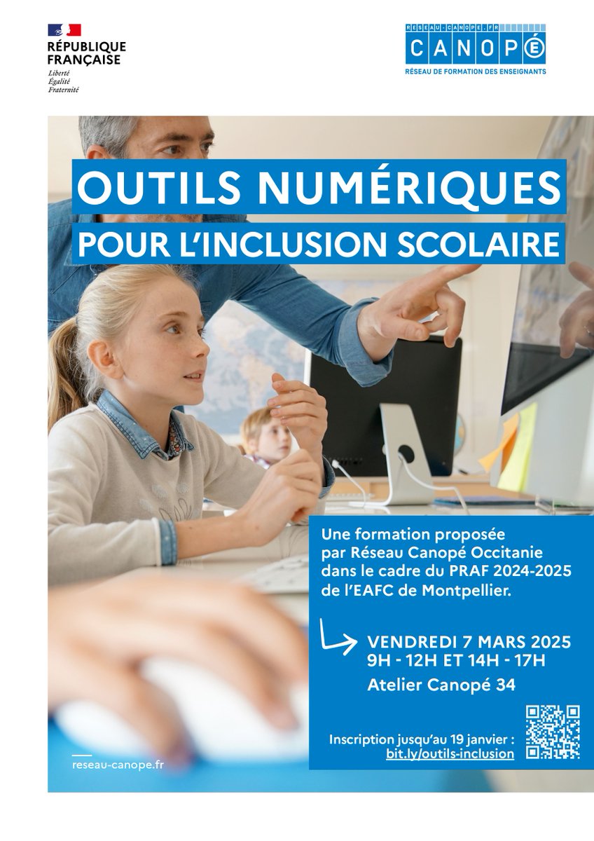 🔍Vous souhaitez rendre vos pratiques pédagogiques plus inclusives grâce aux outils numériques ?
📅 RDV le 7 mars 2025 à l'Atelier Canopé 34, Montpellier.
👉 Inscription avant le 19 janvier 2025 : shorturl.at/mc38Y