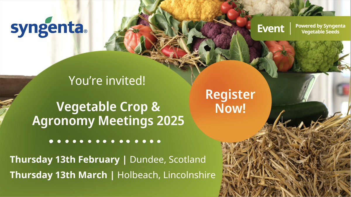 🌱 Attention vegetable growers! 🥕🥦 

Join us for Syngenta Vegetable Crop Agronomy Meetings: 13 Feb in Scotland &amp; 13 March in Lincolnshire.

Topics: Variety updates, Seed production, Crop protection, Application techniques. 

BASIS &amp; NRoSO points available. 

Register now: