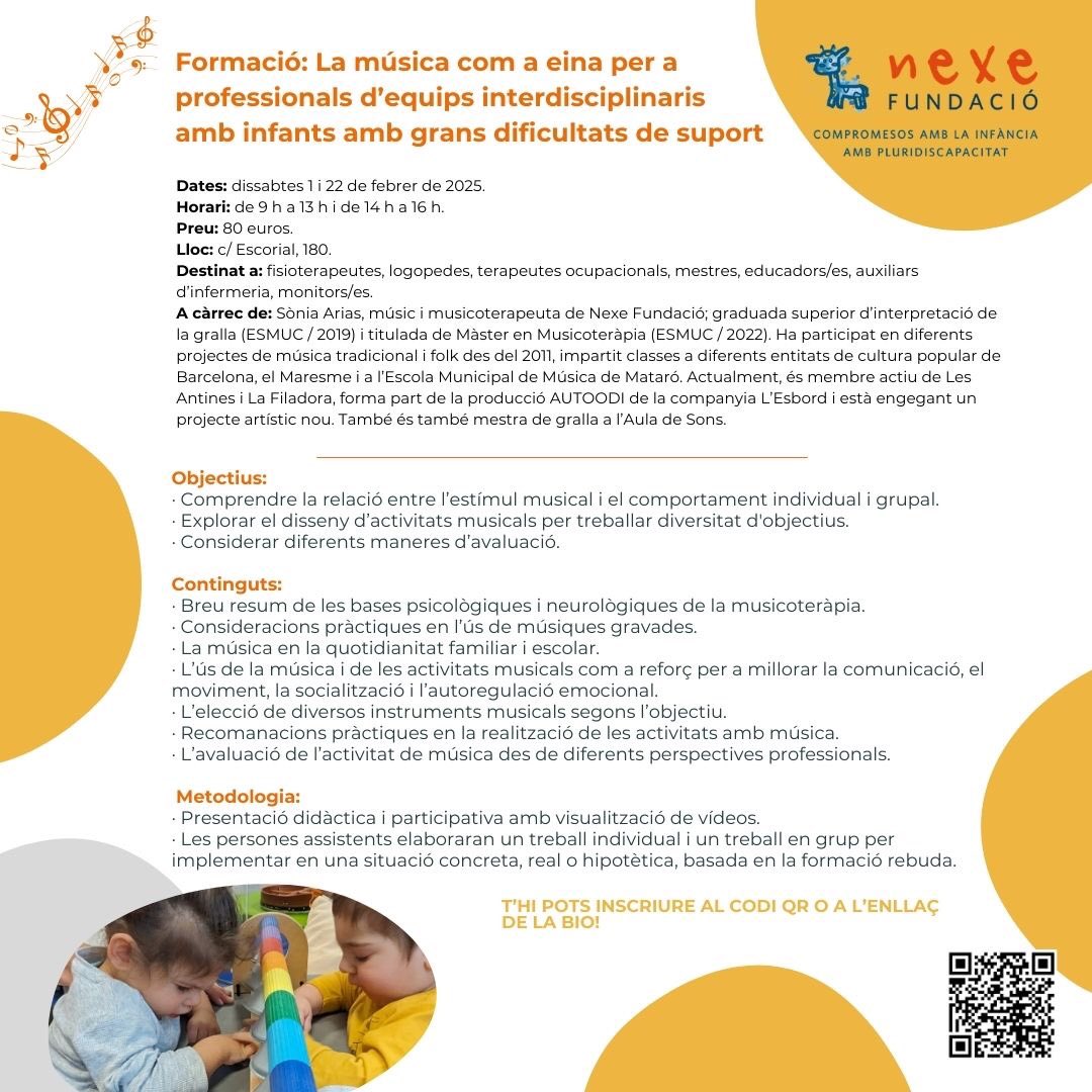 Us compartim una formació sobre musicoteràpia adreçada a professionals d’equips interdisciplinars que treballen amb infants amb grans dificultats de suport, que impartirà Sonia Arias, musicoterapeuta de <a href="/nexefundacio/">Nexe Fundació</a> 🧡 
#somnexe #creixemjunts #musicoterapia