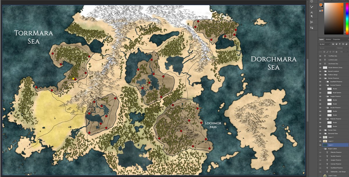 ShadowMyths's tweet photo. Worked on the update of the map for my stories.  For this map, I used WonderDraft to create the terrain features and then brought it into photoshop to create the roads, cities, regions, and other unique features.  Each region and city is on its own Photoshop layer.
#fantasy https://t.co/8EJddsVwy3
