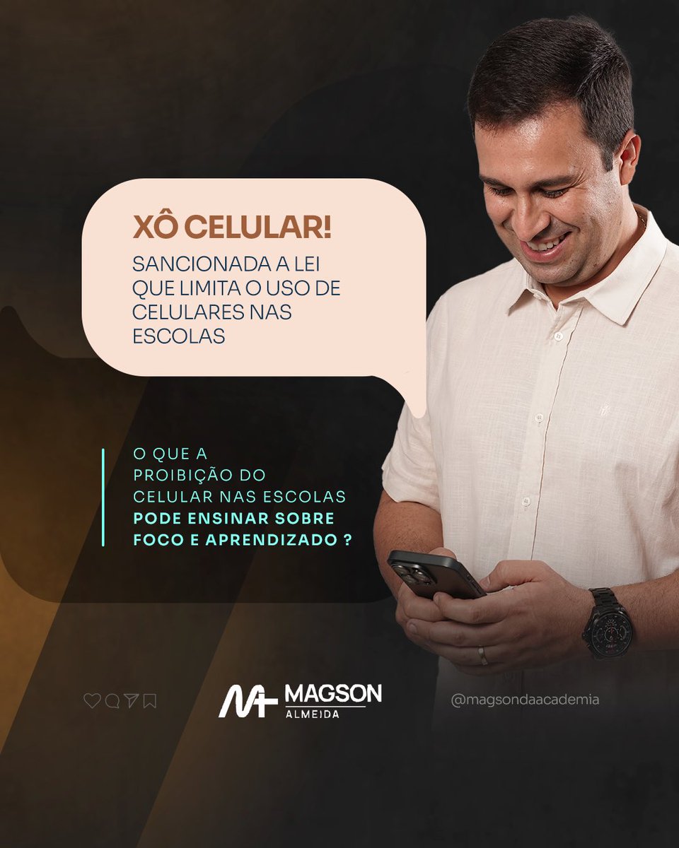 MagsondAcademia's tweet photo. Nova lei que proíbe celulares em escolas é sancionada! 📚📵

Lei nº 4.932/2024 protege saúde mental e física de crianças e adolescentes. 🧠💚

Benefícios:
✅ Mais concentração
✅ Melhor desempenho
✅ Interação social

#EducaçãoTransformadora #SaúdeMental #FocoNasAulas 💡 https://t.co/upI7qHP8JR