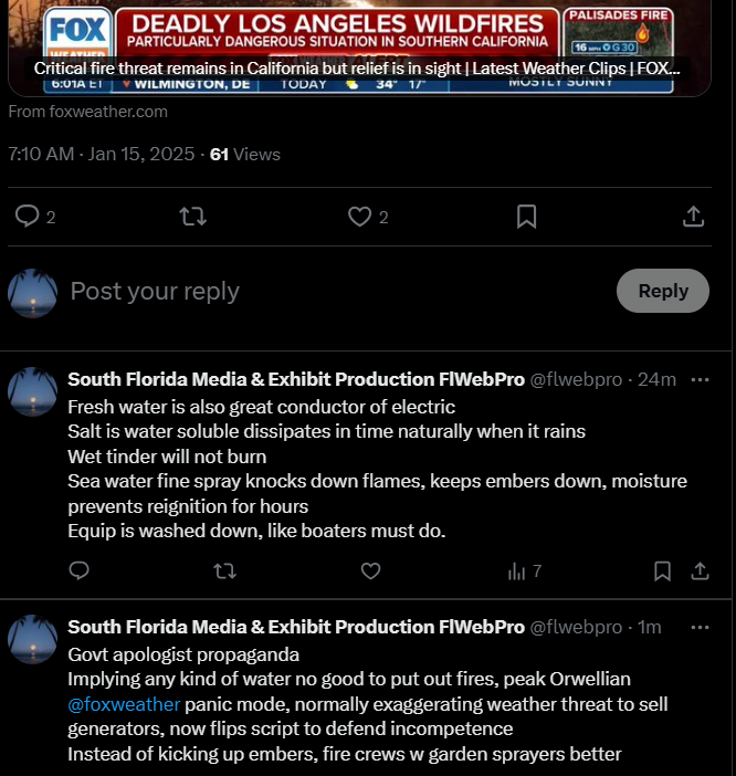 flwebpro's tweet photo. @latimes Implying any kind of water is no good for putting out fires, peak Orwellian
State run media panic mode
Getting harder to defend gross incompetence when you're neither clever nor creative\
Typical of real LA, copies NYC and UK, claims they created it
#LAMan is now peak #Floridaman https://t.co/9f6KmIl4M9