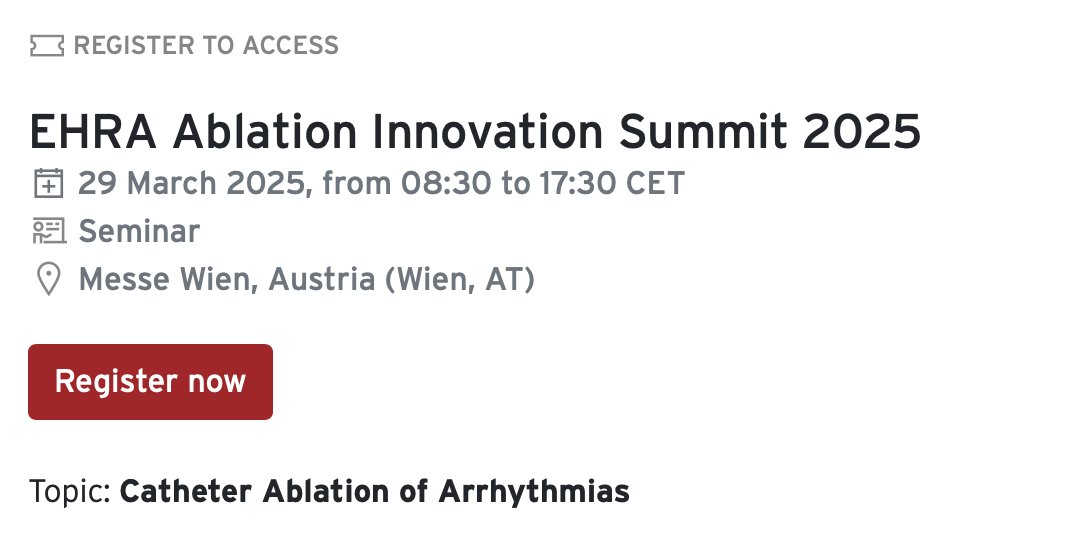 #EPeeps

Join us at the EHRA Ablation Innovation Summit 2025 just a day before #EHRA2025 🚨

Explore the latest in ablation technologies, including PFA and more!

Don't miss this opportunity to stay at the forefront of cardiac ablation innovation and incorporate cutting-edge