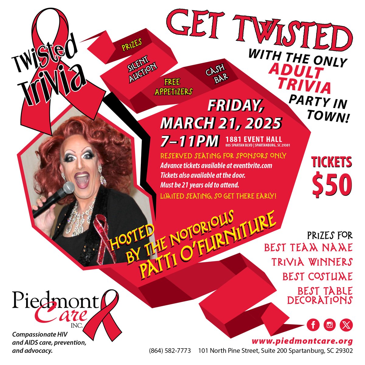🎉 You’re Invited to Twisted Trivia 2025!

Join us for adult trivia, optional costumes, prizes, &amp; a silent auction—hosted by <a href="/allaboutpatti/">Patti O'Furniture</a>! Proceeds benefit Piedmont Care’s HIV prevention programs.

Get your tickets now! 🎟️
#TwistedTrivia2025