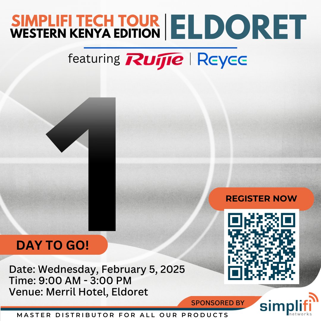 SimplifiNetwork's tweet image. 📢 Last Call, Eldoret!
The Simplifi Tech Tour is just a day away! Are you ready to transform the way you think about networking and telecommunications?
Spots are limited, so register now: mailchi.mp/b6eda9b99544/t…
#SimplifiTechTour #NetworkingSimplified #EldoretInnovation