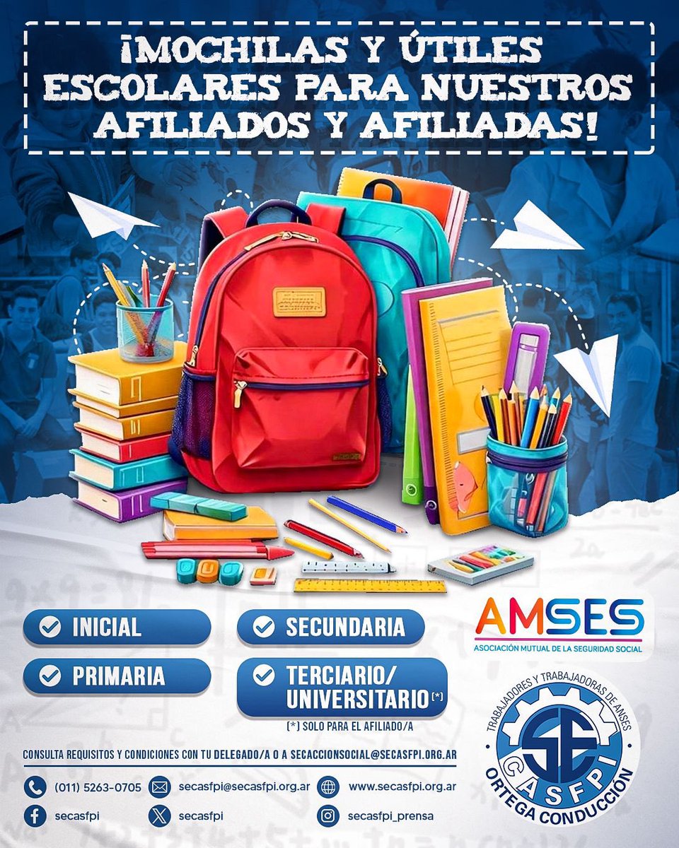 secasfpi's tweet photo. 🎒📚 ¡Mochilas y útiles escolares para nuestros afiliados y afiliadas! 

💪🏽 Junto a #AMSES, seguimos apoyando la educación en todos los niveles. 

🙌🏼 ¡SECASFPI, siempre con vos y tu familia! https://t.co/GySohDVCGv