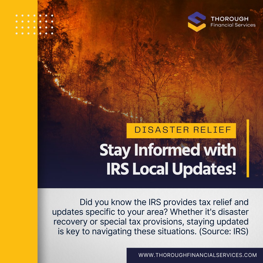 joelleecpa's tweet photo. Did you know the IRS provides tax relief and updates specific to your area? Whether it's disaster recovery or special tax provisions, staying updated is key to navigating these situations. 💡

📌 Need info for your area? Check local IRS contact details. https://t.co/imioSsFE4O