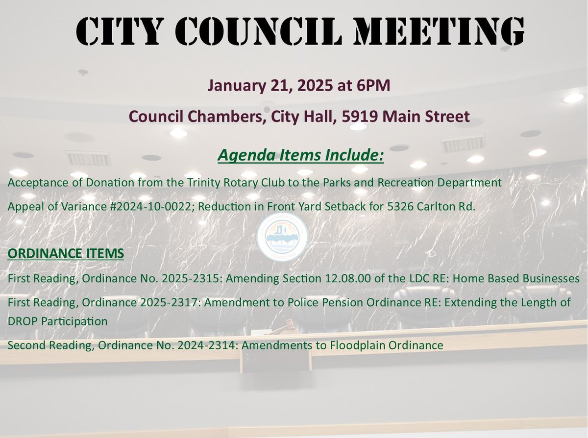 CityNPR's tweet photo. The next regular City Council meeting will be held on Tuesday, January 21, 2025 at 6PM in the Council Chambers, City Hall, 5919 Main Street. The agenda packet may be viewed at https://t.co/NzIQNWeVTU https://t.co/LhHay35q0S