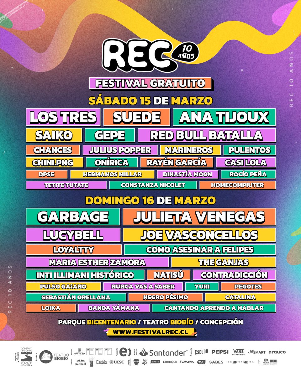 rec_festival's tweet photo. 🎶 ¡Sorpresa! 🎶
Te presentamos la programación por día del #REC2025. Ahora puedes planear tu experiencia al máximo: organiza tu viaje, reserva tu alojamiento o pide permiso en el trabajo y prepárate para descubrir la música y los rincones más mágicos de la región del Biobío. https://t.co/zkoRBqPGaS