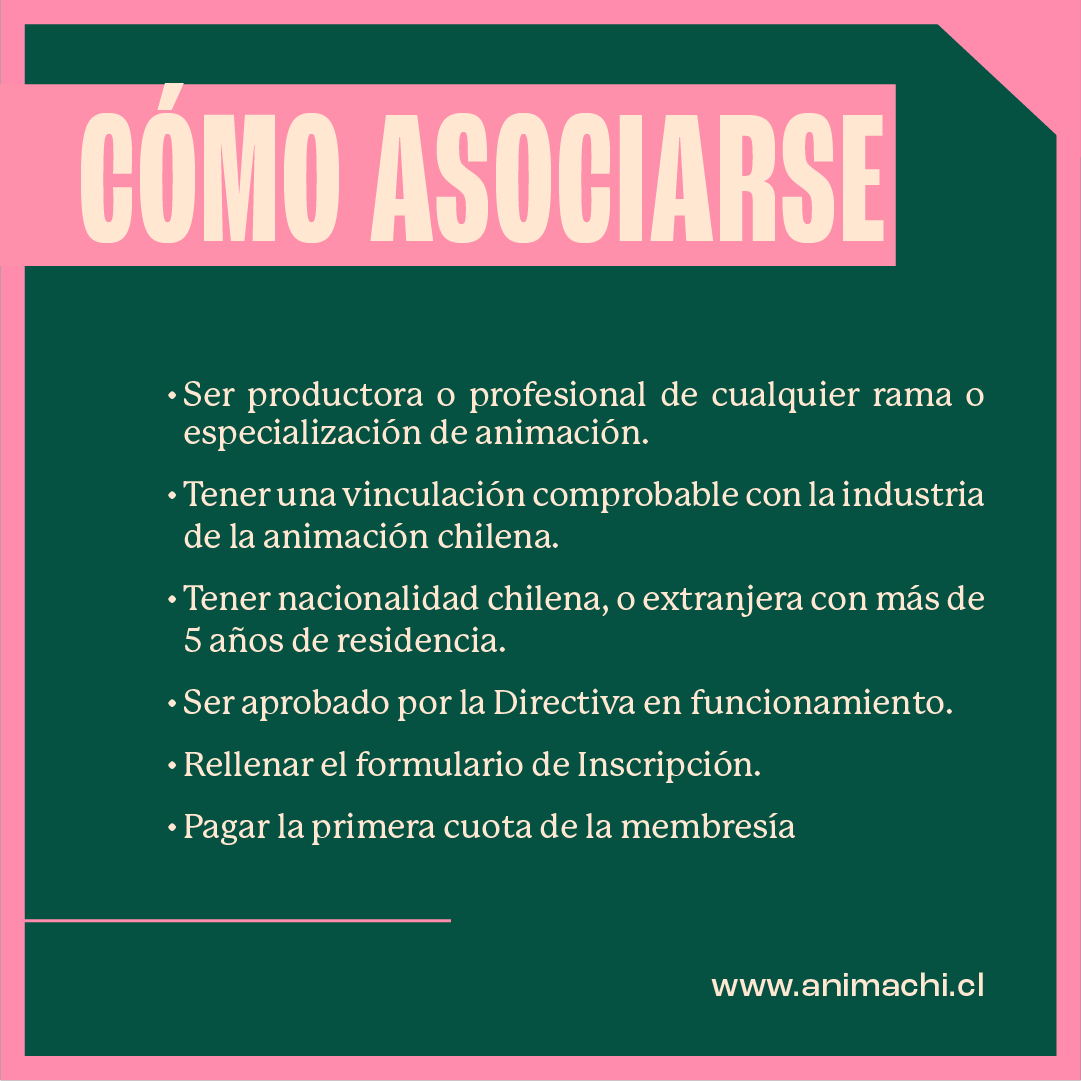 #SomosAnimachi 📢 ¿Quieres ser parte de ANIMACHI? Desliza para conocer los requisitos que debes cumplir, ya seas profesional de la animación o como empresa productora, para ser parte de nuestra organización gremial.

👉 ¿Dudas? puedes escribir a info@animachi.cl