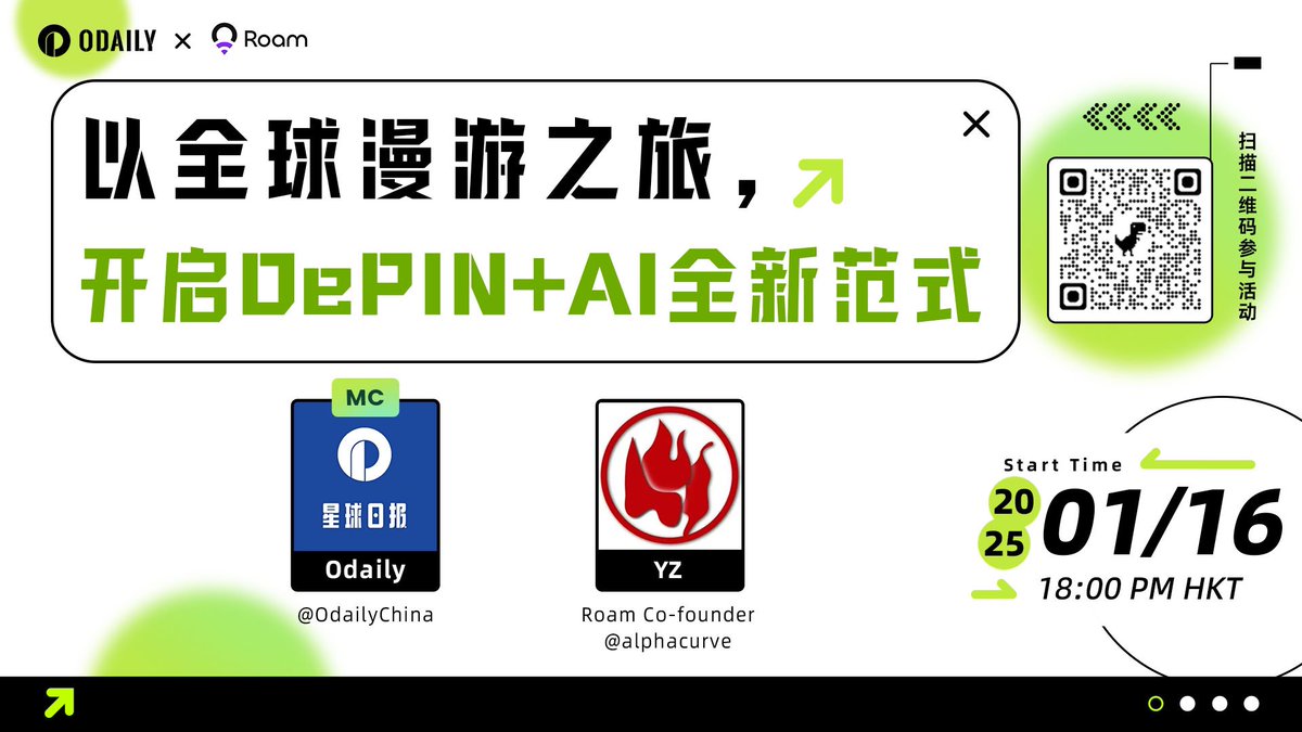 🎙️以全球漫游之旅
开启DePIN➕AI全新范式

⏰：2025/01/16  18点（BJT）

主持人：<a href="/OdailyChina/">Odaily@ChinaCryptoNews</a> 
嘉宾： <a href="/alphacurve/">YZ🇨🇦</a>  Roam Co-founder

🧧评论区抽取五位朋友瓜分100u的现金奖励

✅关注 <a href="/OdailyChina/">Odaily@ChinaCryptoNews</a> ➕ @weRoamxyz
✅一健三连此条推文并在评论区艾特两位好友

预约收听👂不见不散