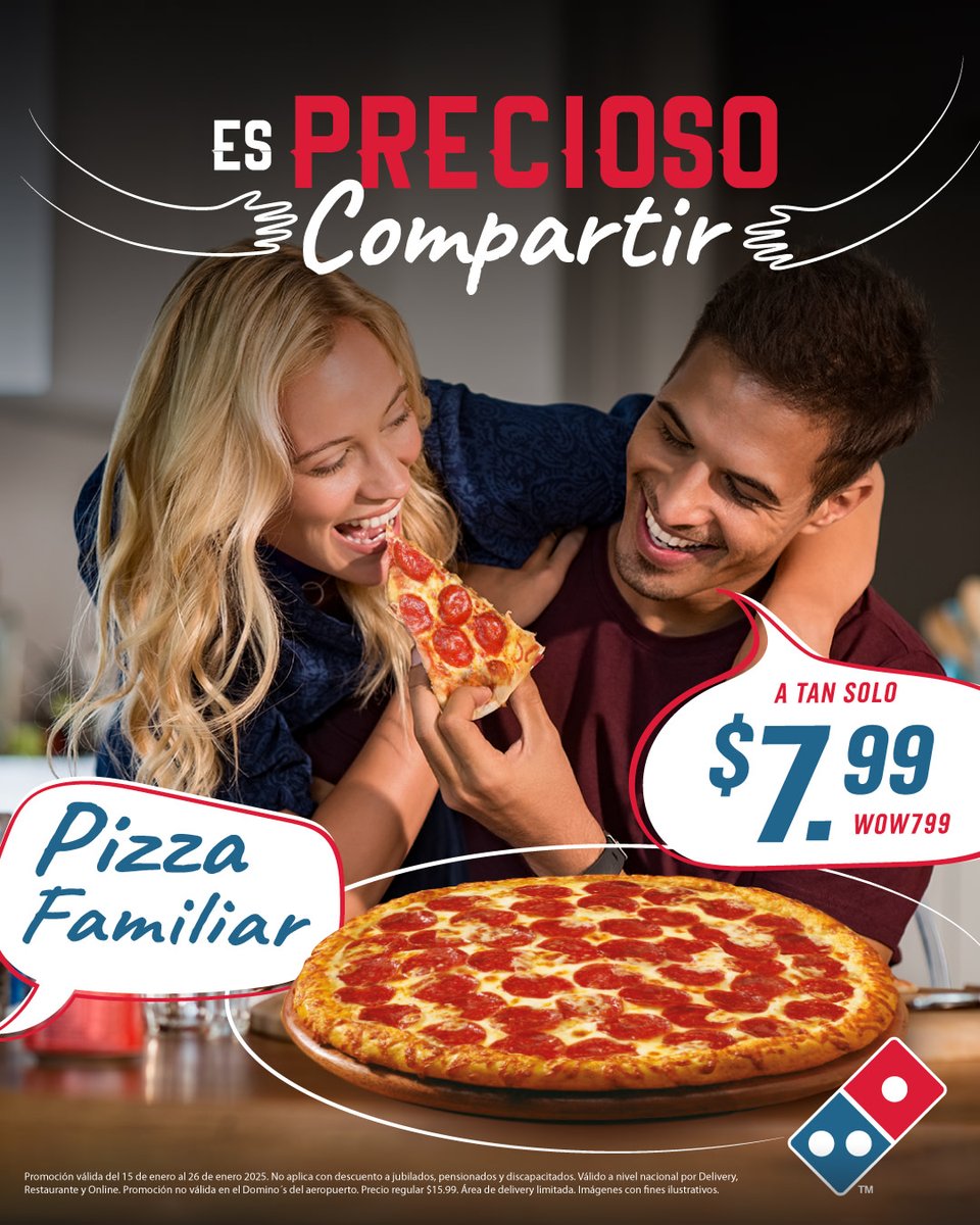 ✨ ¡Porque compartir es precioso!

Pide una pizza familiar con tu ingrediente favorito por solo $7.99 🍕❤️

Pídela fácil y rápido:
🌐 En nuestra web
📱 Desde nuestra app
📞 Llamando
🏪 O visitando tu sucursal favorita