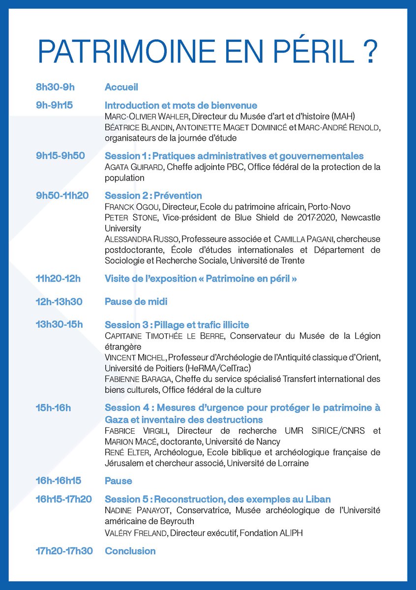 ALIPHFoundation's tweet photo. Évènement à #Genève

Journée d’étude « Patrimoine en péril ? » dans le cadre de l’exposition au Musée d’Art et d’Histoire (MAH) de la @VilleDeGeneve 

🗓️22 janvier
🕑9h00 à 17h30
 📍MAH, Auditorium

📃 Programme et inscription https://t.co/17qoxR4xlg https://t.co/8bZVXH8ifl