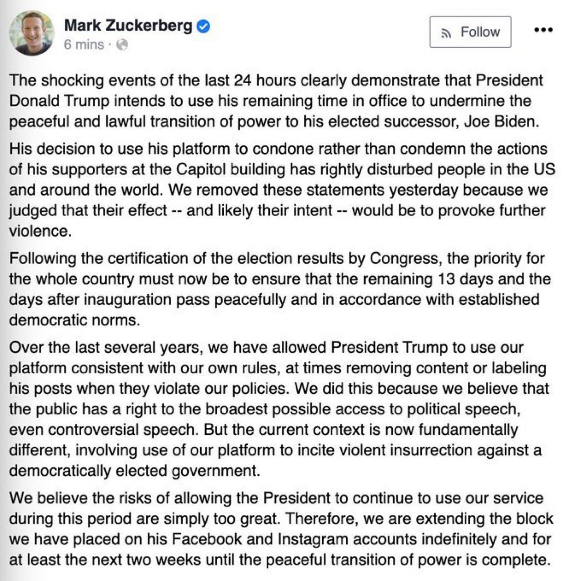 After Mark Zuckerberg has been chosen as VIP for Inauguration, a Facebook post from 4 years ago where Zuckerberg admits to banning President Trump resurfaces.

Follow: <a href="/ThermopylaeNews/">Thermopylae</a>