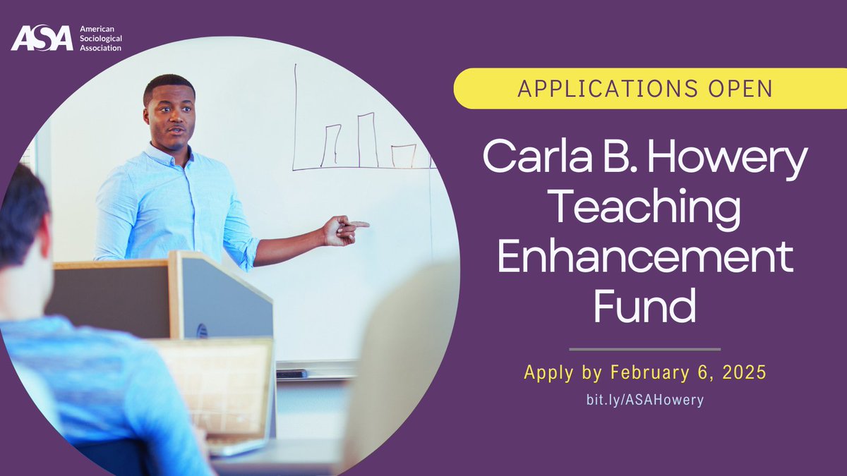There’s still time to apply for an ASA Carla B. Howery Teaching Enhancement Fund Grant! Funds up to $2,500 support individual, program, department, or committee projects that advance the teaching and learning of sociology. Deadline is Feb 6. bit.ly/ASAHowery