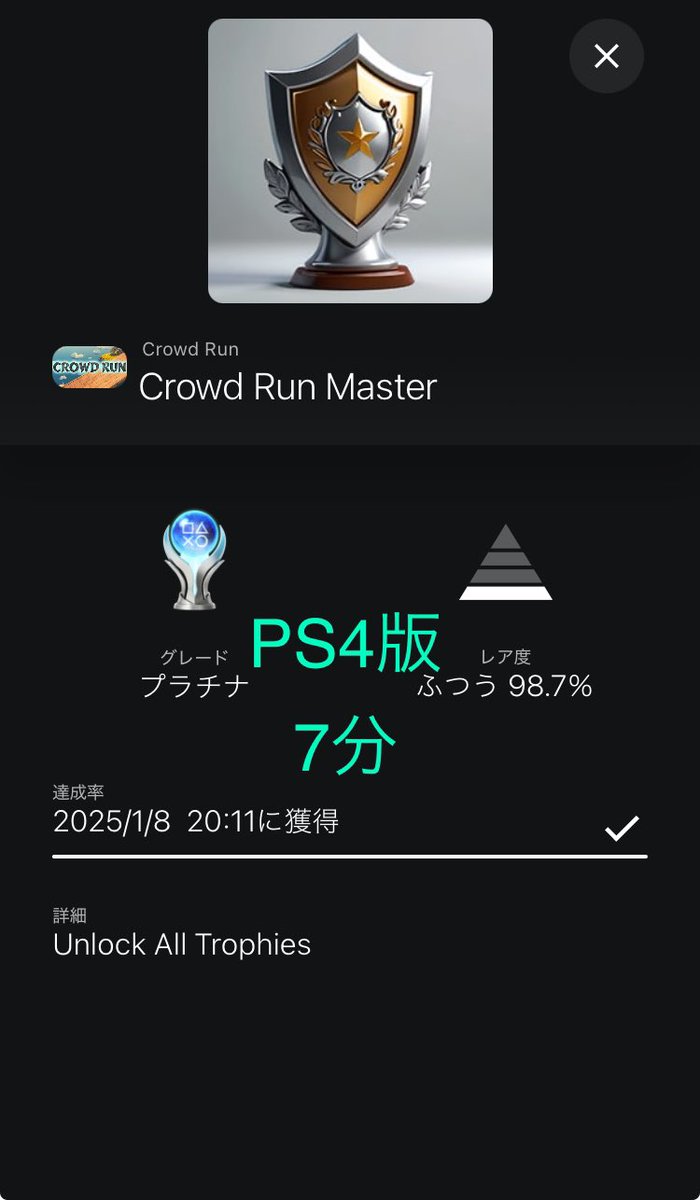 Jisutan0012's tweet photo. Crowd Run
Crowd Run Master (PLATINUM)
#CrowdRun #PlayStationTrophy
プラチナNo.771&772
スマホの詐欺広告とかにあるやつ。ハイパーブーストで、PS4版(本体も)は連続してトロフィーポップします。PS5版は��22個獲得毎にポップします。正常に同期されない場合あり。94%とかで暫く止まる等する https://t.co/2x1RkKwydz