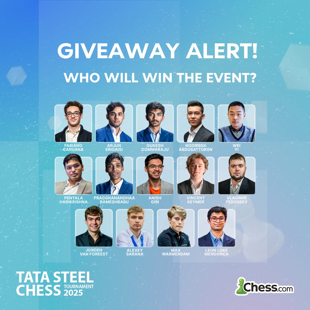 chesscom_in's tweet photo. Who’s your 2025 Tata Steel Chess Champ pick? 🏆

Drop your prediction and stand a chance to win a Diamond Membership!✍️
Repost 🔂
Tag 2 chess friends and let them know about the contest!  🖇️ #TataSteelChess https://t.co/nHaOo8V2wL