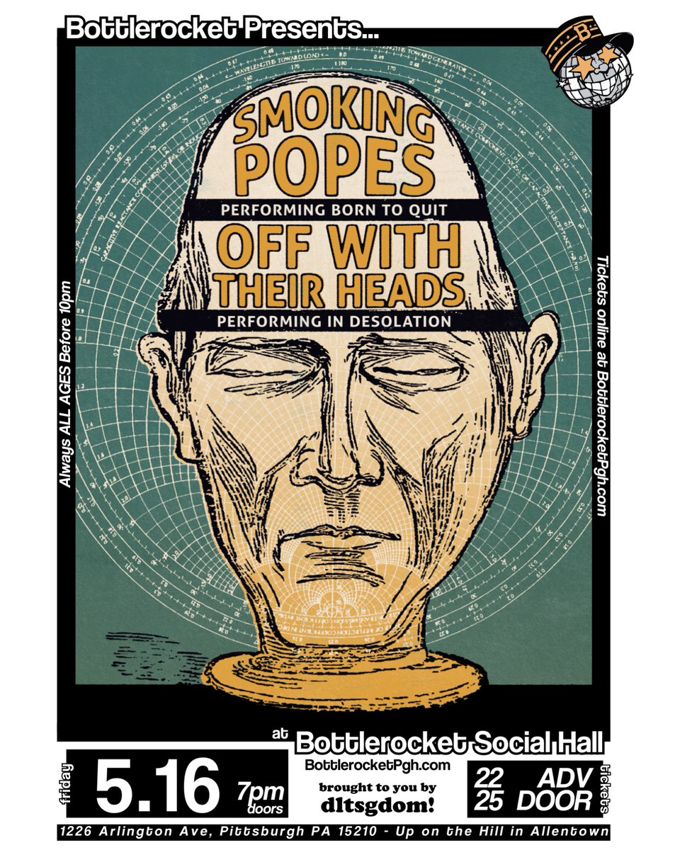 DLTSGDOM! Collective (@dltsgdomshows) on Twitter photo NEW SHOW: <a href="/smoking_popes/">Smoking Popes</a> performing Born to Quit! Off With Their Heads performing In Desolation! 5/16 at <a href="/BottlerocketPgh/">Bottlerocket Social Hall</a>!!
Tickets on sale Friday at 10am: app.opendate.io/e/smoking-pope… NEW SHOW: <a href="/smoking_popes/">Smoking Popes</a> performing Born to Quit! Off With Their Heads performing In Desolation! 5/16 at <a href="/BottlerocketPgh/">Bottlerocket Social Hall</a>!!
Tickets on sale Friday at 10am: app.opendate.io/e/smoking-pope…