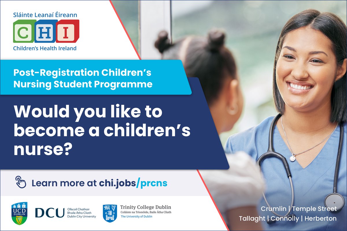 Children's Health Ireland Jobs (@jobswithchi) on Twitter photo Are you seeking a career in children's nursing?  The Post-Registration Children’s Nursing Programme is provided at CHI in partnership with our 3 partner Universities; University College Dublin, Trinity College Dublin and Dublin City University. Apply at chi.jobs/prcns Are you seeking a career in children's nursing?  The Post-Registration Children’s Nursing Programme is provided at CHI in partnership with our 3 partner Universities; University College Dublin, Trinity College Dublin and Dublin City University. Apply at chi.jobs/prcns