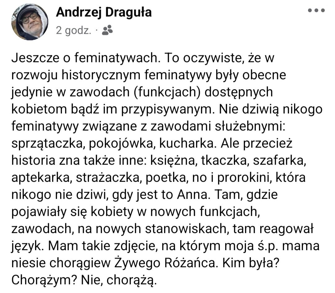 Dwa wpisy z FB o feminatywach w Kościele i nie tylko...
