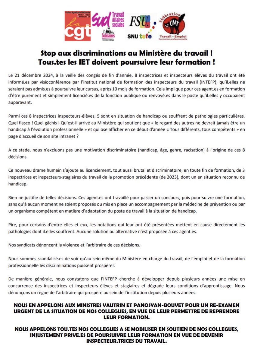Nouveau scandale au Ministère du Travail ! 8 inspecteur•trices élèves du travail dont 5 en situation de handicap sont... viré•es !! 
<a href="/AstridPanosyan/">Astrid Panosyan-Bouvet</a> Où sont vos beaux engagements pour la "diversité" et l'inclusion de tou•tes ? Faites machine arrière !
Notre communiqué 👇