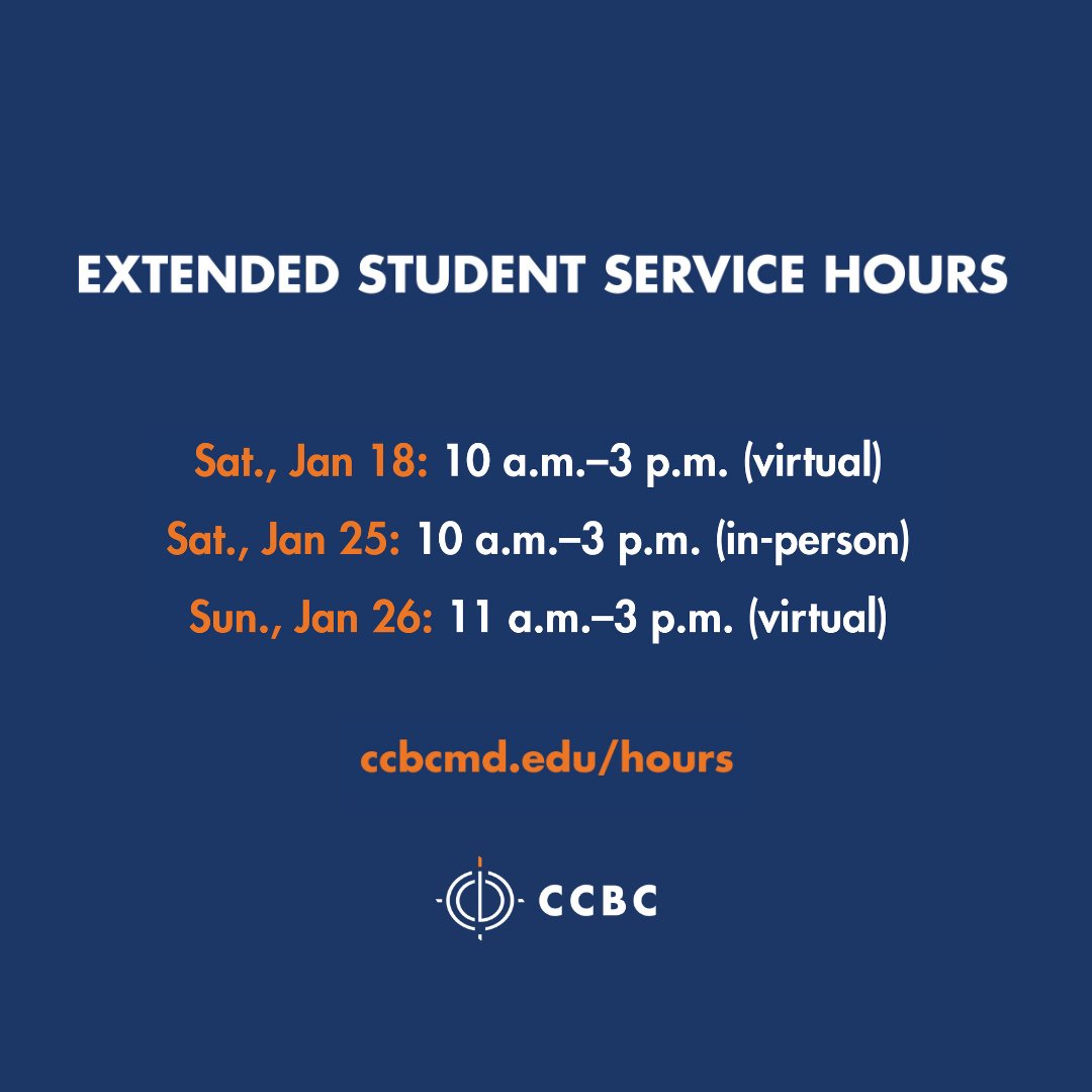 CCBCMD's tweet image. Have you registered for the spring semester? If the answer is no, take advantage of our extended hours! For a complete list of extended hours, visit ccbcmd.edu/hours. 

CCBC’s spring full semester credit classes and first 7-week session begin Jan. 27.

#CCBC #Spring2025