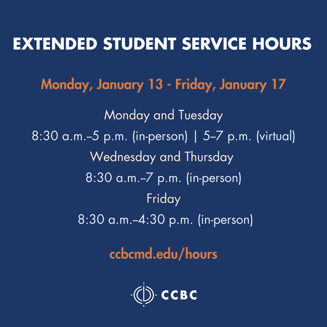 CCBCMD's tweet image. Have you registered for the spring semester? If the answer is no, take advantage of our extended hours! For a complete list of extended hours, visit ccbcmd.edu/hours. 

CCBC’s spring full semester credit classes and first 7-week session begin Jan. 27.

#CCBC #Spring2025