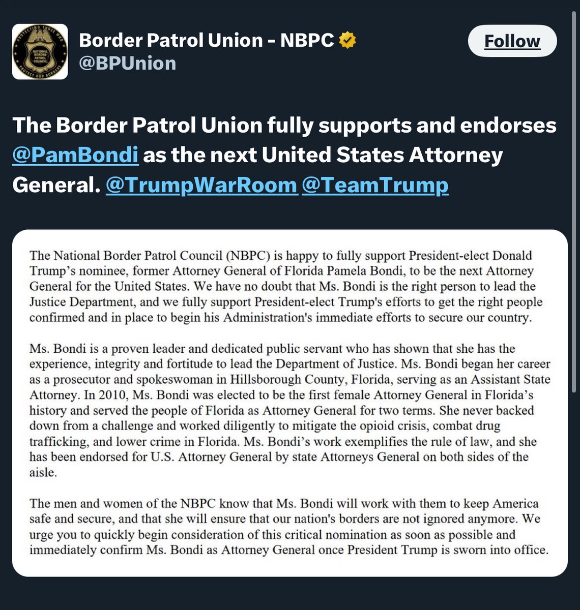 GuntherEagleman's tweet photo. BREAKING: Pam Bondi has received a huge endorsement from the Border Patrol Union!

This is HUGE! https://t.co/aFzh9vFnHN
