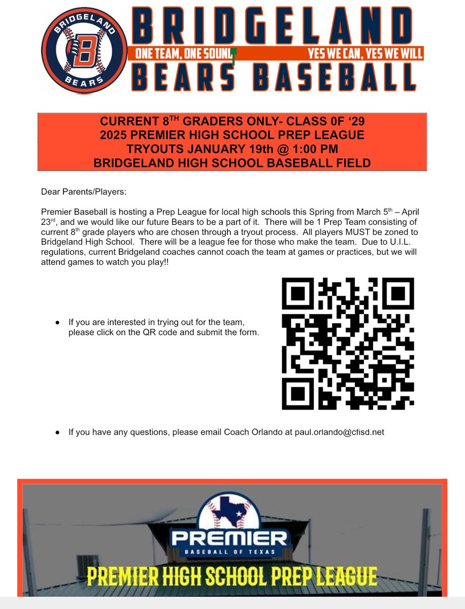 Attention current 8th graders zoned to Bridgeland. We have Prep League tryouts at Bridgeland High School this Sunday 1/19 at 1pm. Make sure you sign up. See you Sunday.