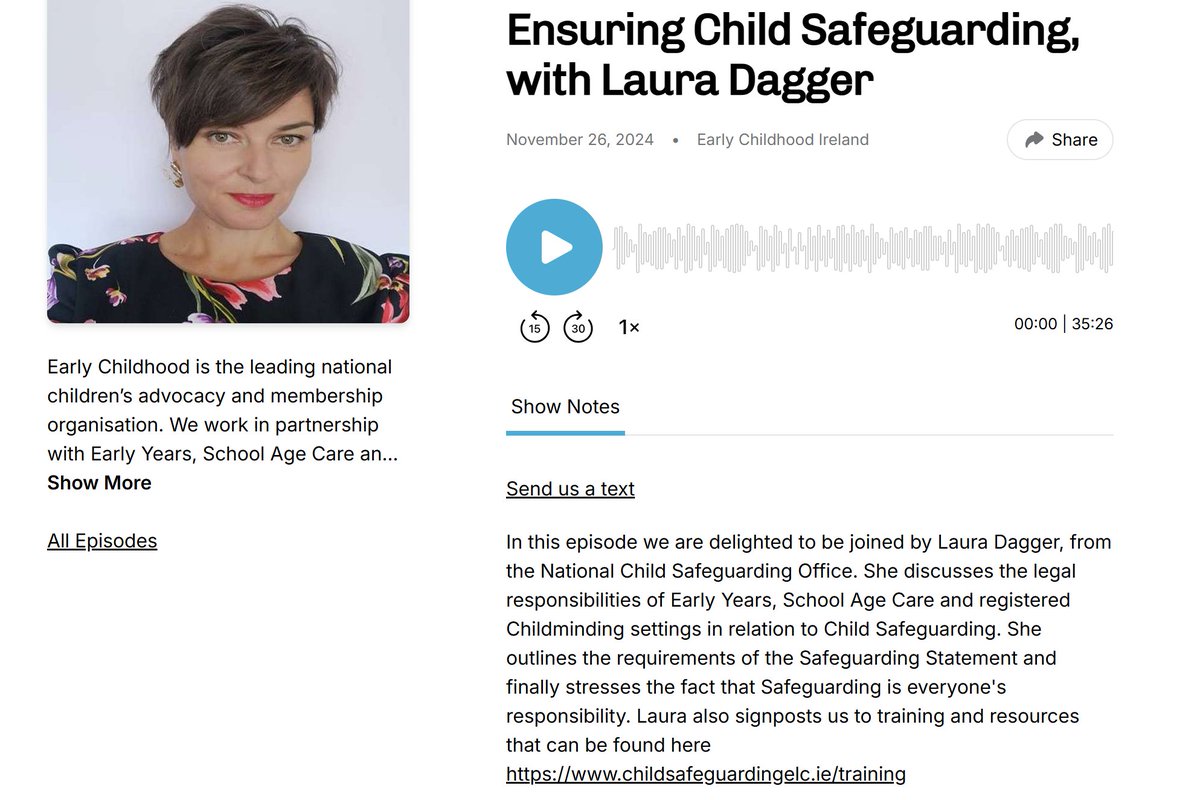 Laura Dagger discusses the legal responsibilities of #EarlyYears and #SchoolAgeCare settings and registered Childminders in relation to Child Safeguarding. Follow the link for full podcast:
…hildhoodirelandpodcast.buzzsprout.com/1541473/episod…