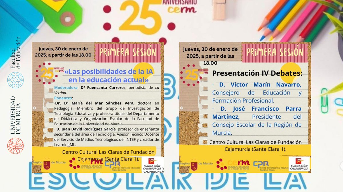 Facultad Educación UM (@educacionum) on Twitter photo 📢 El lunes 30/01, a las 18:00h, se celebra el IV debate del Consejo Escolar de la Región de Murcia sobre #IA y #Educación.
🗣️ Mª del Mar Sánchez Vera (<a href="/UMU/">Universidad Murcia</a>) y Juan D. Rodríguez (<a href="/educaINTEF/">Educación INTEF</a>)
👉 ¡Inscríbete!
#UMU #InnovaciónEducativa
🔗 docs.google.com/forms/d/e/1FAI… 📢 El lunes 30/01, a las 18:00h, se celebra el IV debate del Consejo Escolar de la Región de Murcia sobre #IA y #Educación.
🗣️ Mª del Mar Sánchez Vera (<a href="/UMU/">Universidad Murcia</a>) y Juan D. Rodríguez (<a href="/educaINTEF/">Educación INTEF</a>)
👉 ¡Inscríbete!
#UMU #InnovaciónEducativa
🔗 docs.google.com/forms/d/e/1FAI…