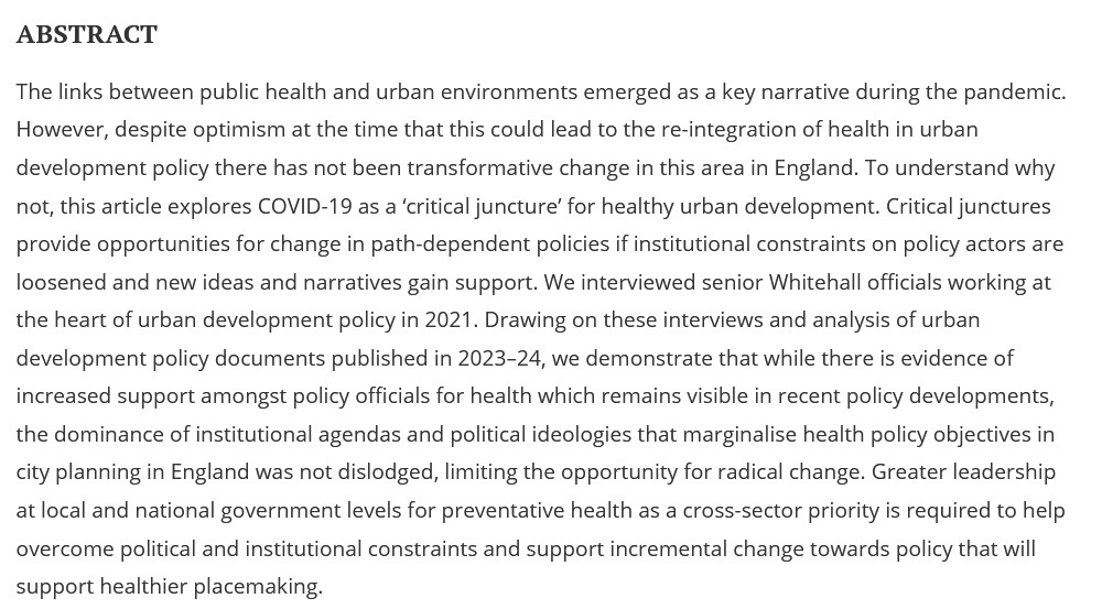 New paper from  Local Health &amp; Global Profits researchers: Why didn’t the ‘critical  juncture’ of the COVID-19 pandemic lead to the re-integration of public  health into urban development policy in England? tandfonline.com/doi/full/10.10… #phiuklhgp