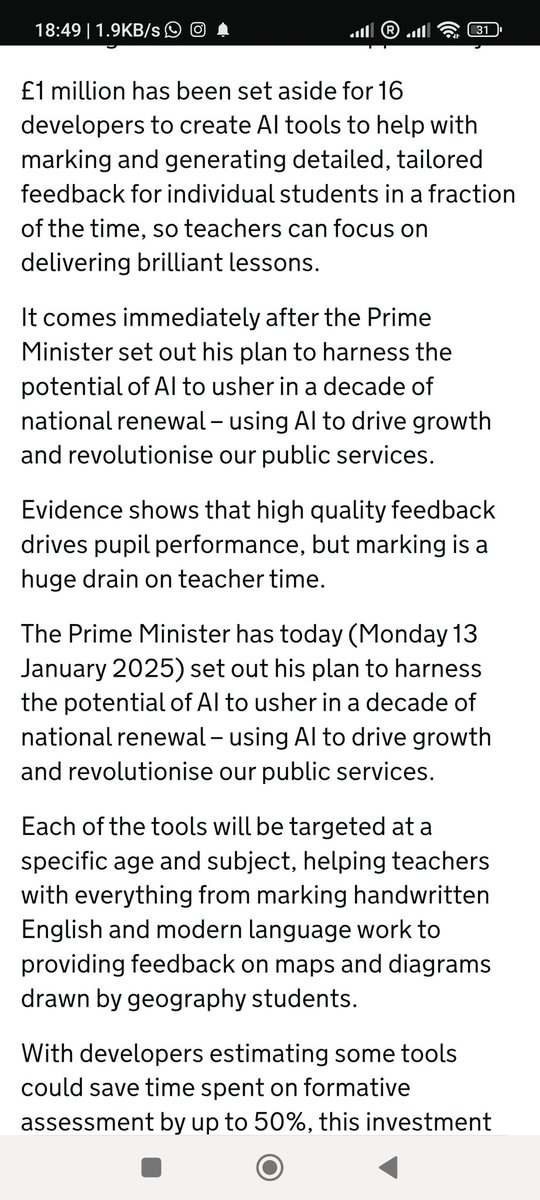 mark_wood's tweet photo. Very interesting to see the UK government approving/condoning/encouraging the use of AI for providing formative feedback and teacher marking. So much so that they are willing to invest £1 million into supporting schools with it. https://t.co/Rr7dRwUTJd