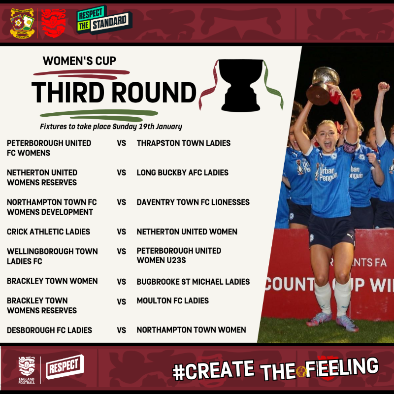 NorthantsFA's tweet photo. More county cup action this Sunday🏆
With the third round of the Women's cup and the quarter finals of the u16 and u14 Invitational cups taking place. ⚽🌟
#Createthefeeling #ourpathways https://t.co/ho0s9iXTkO