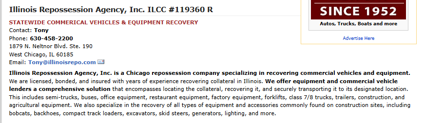 TajLong's tweet photo. Good Morning! It's Wednesday, and my Repossession Agency Spotlight is on: NEW!*ILLINOIS RECOVERY AGENCY, INC. (ILCC #119360 R)  630-458-2200* a CHICAGO, ILLINOIS-based COMMERCIAL REPOSSESSION AGENCY recovering COMMERCIAL VEHICLES, TRUCKS, AND EQUIPMENT, STATEWIDE  Taj told you! https://t.co/iGCzMf9HiX
