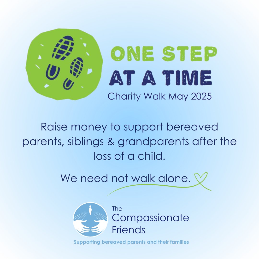 SIGN UP NOW to walk throughout May to raise money for bereaved parents, siblings and grandparents. TCF are here to help you navigate your grief, #OneStepAtATime
Find out more &amp; register here: tcf.enthuse.com/cf/onestepatat…