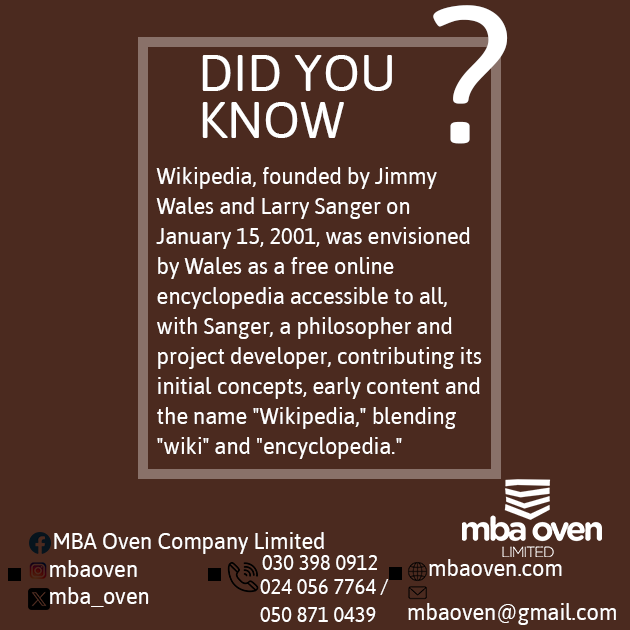 mba_oven's tweet photo. Did You Know (DYK), Wikipedia is 24 years today?

#MBAOven #MBAGroup #RedefiningBakingStandards #MBAOvenSnacks #ButterBread #SugarBread #TeaBread #CoconutBread #BrownBread #WheatBread #MeatPie #FishPie #SpringRolls #Samosa #Achomo #DYK https://t.co/U3n9fH7Uo2