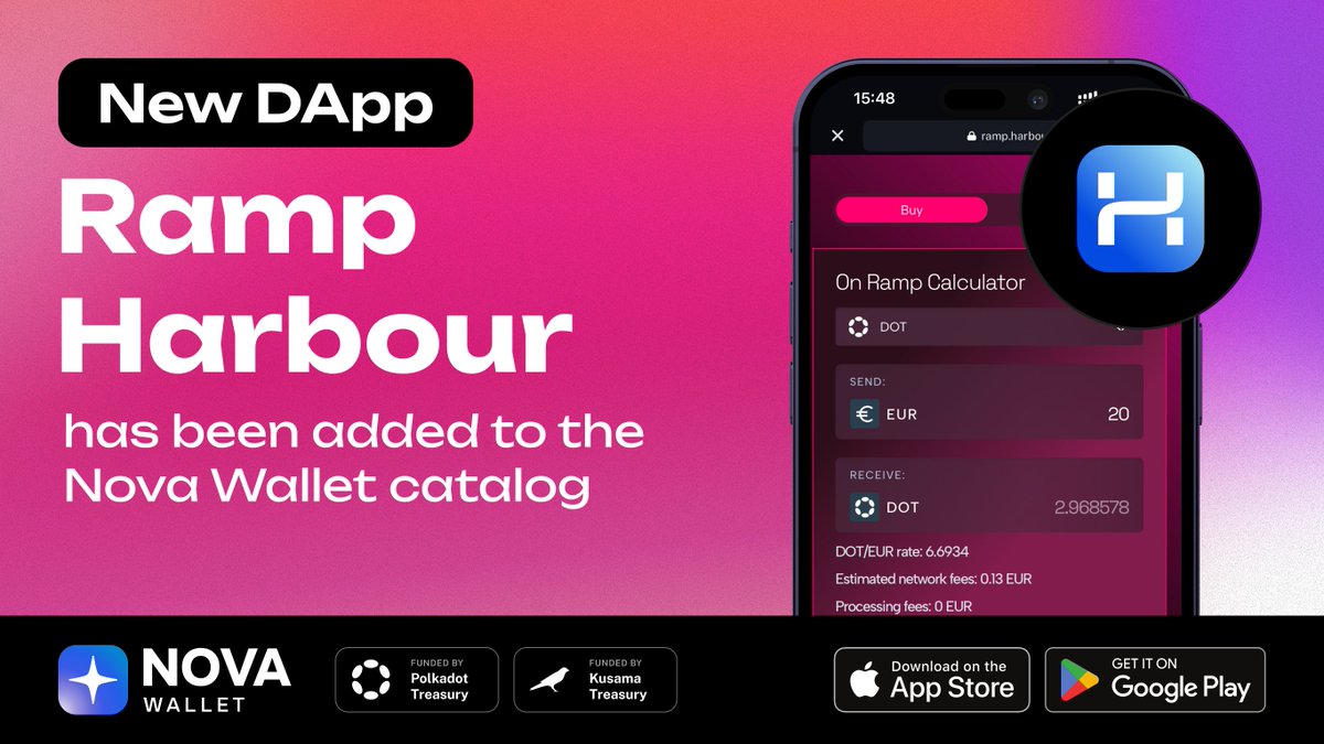 NovaWalletApp's tweet image. 🌊 Meet Ramp Harbour – a new on/off ramp dApp in Nova Wallet!

On and off ramping from the Polkadot ecosystem is now even easier and faster than before.

Seamlessly interact between your bank and the Polkadot ecosystem with Harbour!

📲novawallet.io