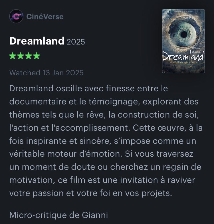 💭 <a href="/Isildune/">Gianni 🌕</a> revient en une micro-critique sur DREAMLAND, à retrouver dès aujourd’hui au cinéma !