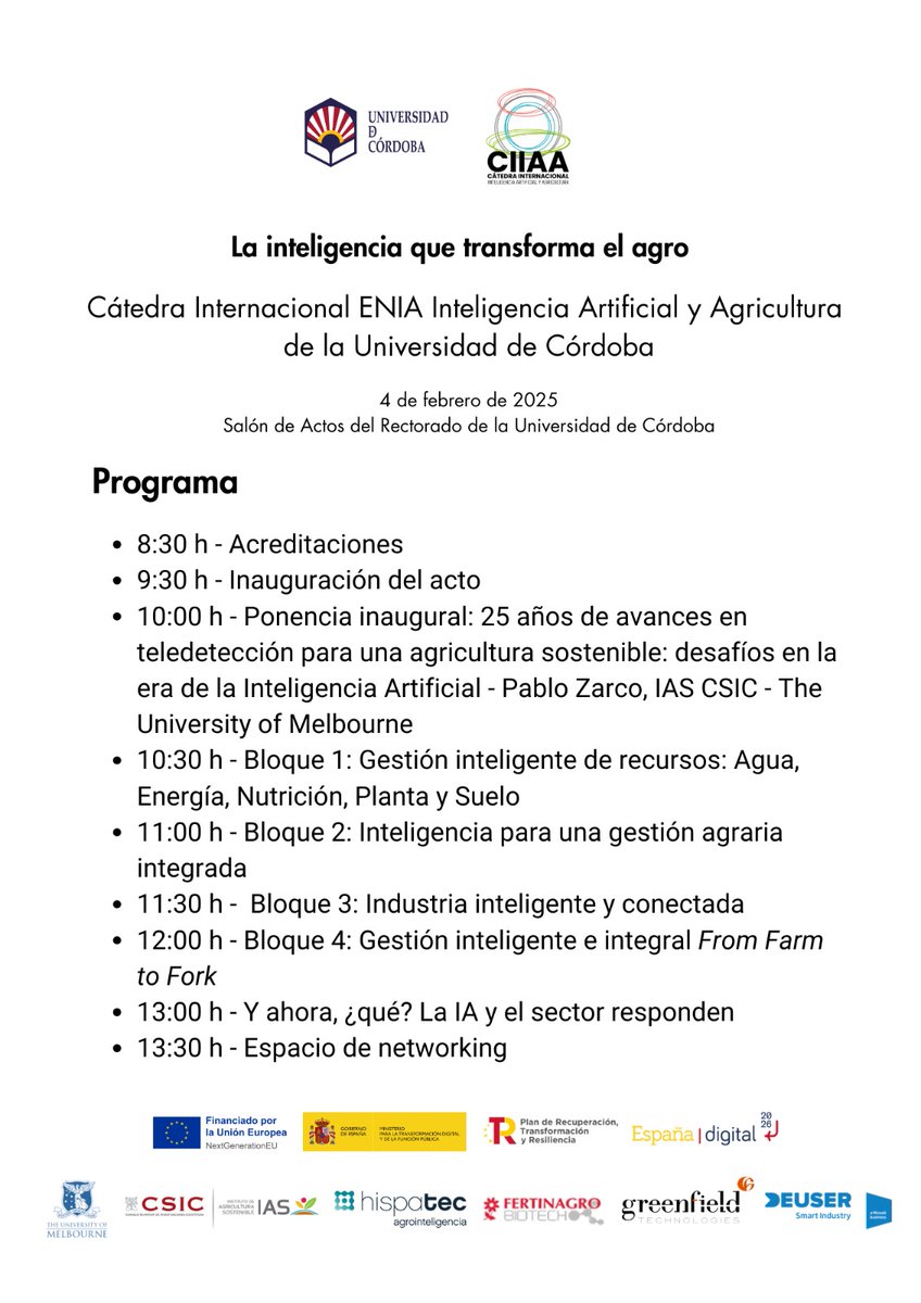 📲 DATAGRI (@forodatagri) on Twitter photo 🆕 ¡Año nuevo, aprendizajes nuevos! 🚀
💡🌱 Impulsada por la Cátedra de #IA de la <a href="/ETSIAMCordoba/">ETSIAM - Universidad de Córdoba</a>, no te pierdas la jornada "La inteligencia que transforma el agro".
🗓 4/2
📍Rectorado de la <a href="/Univcordoba/">Universidad Córdoba</a>
📲 Las plazas son limitadas, ¡INSCRÍBETE YA! forms.office.com/pages/response… 🆕 ¡Año nuevo, aprendizajes nuevos! 🚀
💡🌱 Impulsada por la Cátedra de #IA de la <a href="/ETSIAMCordoba/">ETSIAM - Universidad de Córdoba</a>, no te pierdas la jornada "La inteligencia que transforma el agro".
🗓 4/2
📍Rectorado de la <a href="/Univcordoba/">Universidad Córdoba</a>
📲 Las plazas son limitadas, ¡INSCRÍBETE YA! forms.office.com/pages/response…