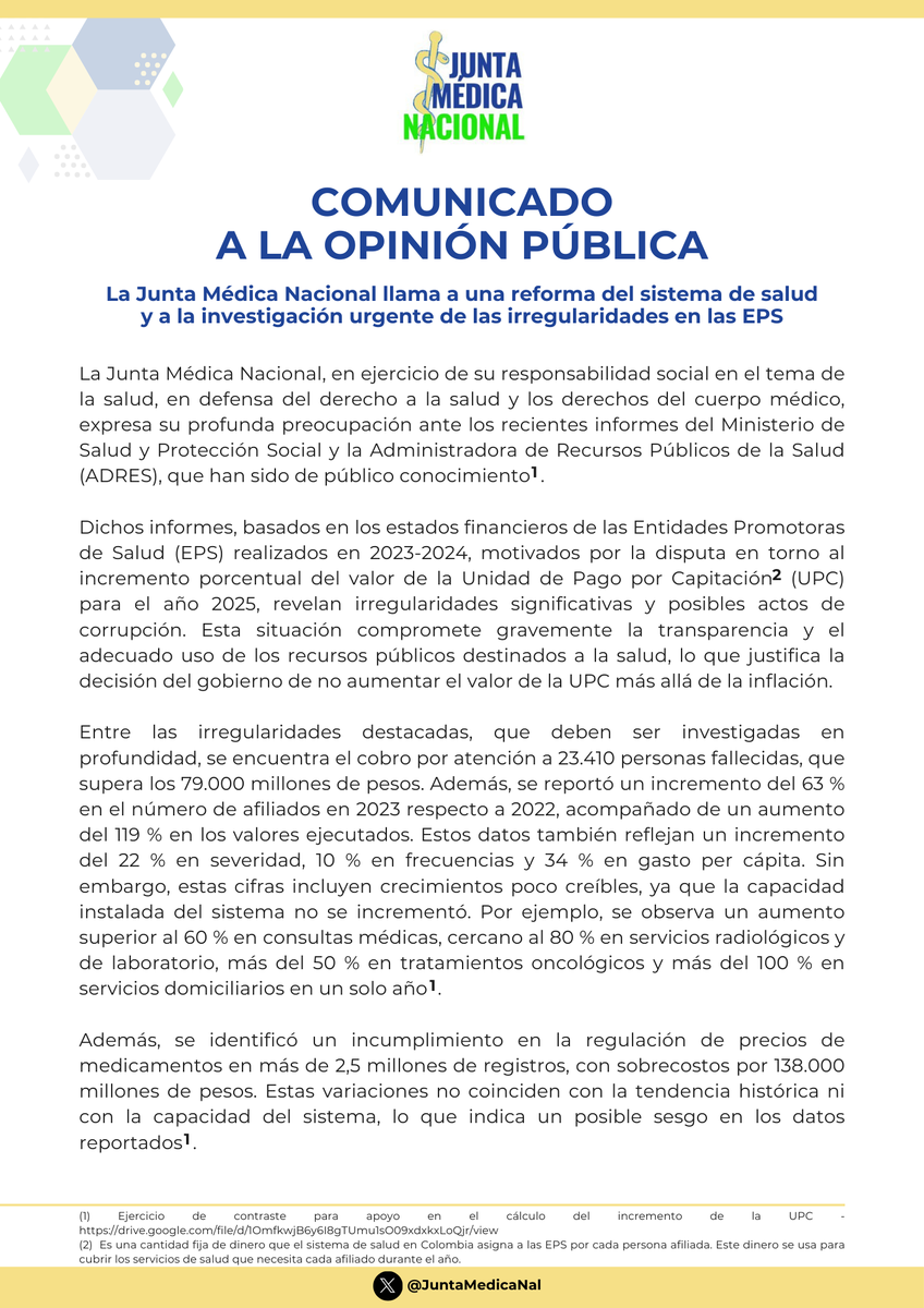 JuntaMedicaNal's tweet photo. #ComunicadoJMN 🔊La @JuntaMedicaNal exigimos reforma estructural en el sistema de salud ante graves irregularidades en las EPS.

⚕️ La salud es un derecho, no un negocio. Lee más aquí 👇🏽: #ReformaALaSalud #Transparencia https://t.co/bO3iAhwq1m