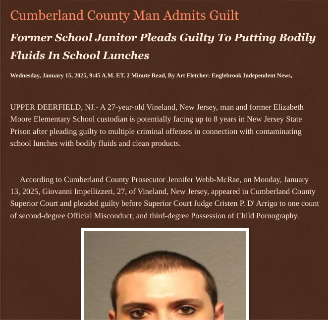 ArtFletcher9's tweet photo. Cumberland County Man Admits Guilt https://t.co/vIAqFaBPvG via @Englebrooknews #cumberlandcountynj #vinelandnj #upperdeerfieldnj #school #custodian #guiltyplea #child #pornography #official #misconduct #Contaminated #food #bodilyfluids @wireless_step @HRG_Media @LodiNJNews @SugarMAGA @fordmb1 @SarahGeving1 @Shannon96574094 @Daytobehappy @janninereid1 @gator4kb18 @MichelleF_35 @TrumpWasRite @KathyKbrose @RobGerundo @JimBobW49 @ron_starr1947