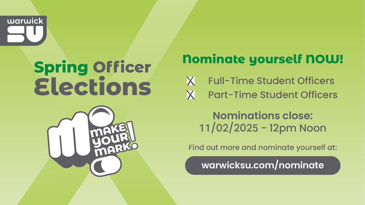 warwickmed's tweet image. Nominations are now open for the SU's Spring Officer Elections. There are a wide range of roles available - take a look here: tinyurl.com/2p8x96ew
Nominate by Tuesday 11 February.
