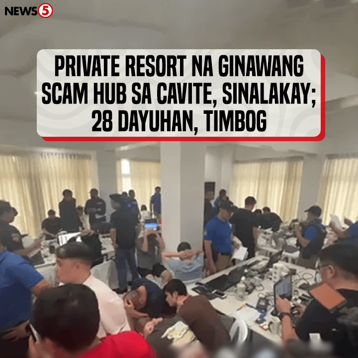 News5PH's tweet photo. Ni-raid ng Presidential Anti-Organized Crime Commission #PAOCC ang mala-guerrilla Philippine offshore gaming operations #POGO sa isang resort sa Silang, Cavite ngayong Miyerkules, Jan. 15. #News5 | via Briane Basa https://t.co/jISEXccbs9