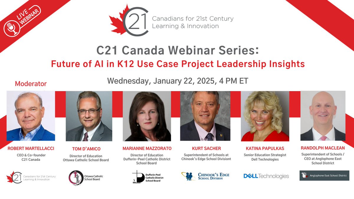 🚀 Join us for an engaging C21 Canada Webinar Series on the Future of AI in K12: Use Case Project Leadership Insights!
📅 Date: Wednesday, January 22, 2025
⏰ Time: 4 PM ET
To register, 
us06web.zoom.us/webinar/regist…